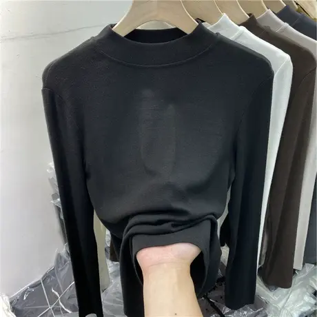德绒黑色半高领打底衫女秋冬季2023新款加绒加厚内搭保暖长袖t恤商品大图