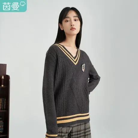 【商场同款】茵曼学院女冬季新款撞色V领休闲百搭胸针针织衫商品大图