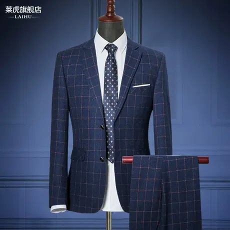 韩版潮格子西服套装男士修身新郎伴郎结婚礼服英伦时尚西装男套装图片
