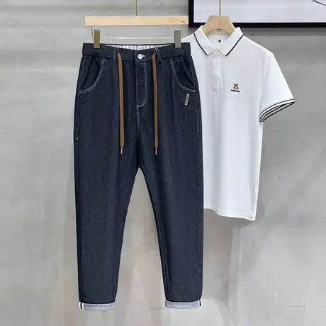 夏季薄款普洗丹宁深蓝色九分小脚牛仔裤男款直筒宽松休闲男士裤子商品大图