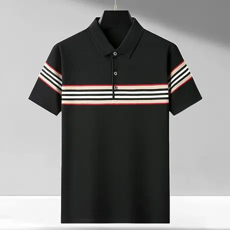 夏季桑蚕丝POLO衫男士商务休闲短袖爸爸夏装潮流半袖T恤条纹上衣商品大图