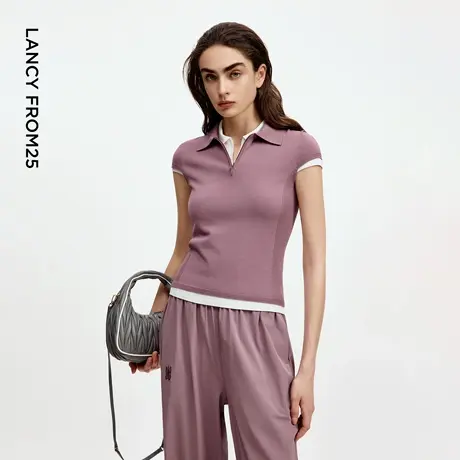 朗姿欧洲EiLEEN ELITEE2025秋新款polo领修身短款针织衫短袖T恤女图片