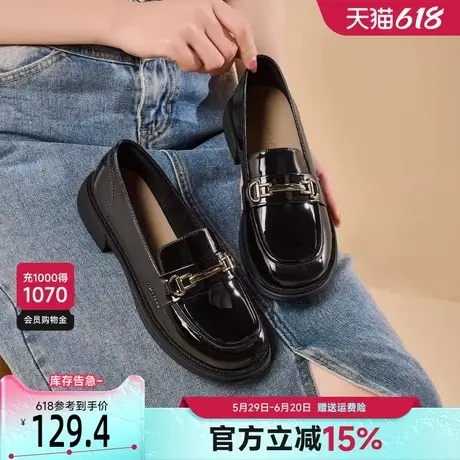 戈美其小皮鞋女2025春季新款英伦风中跟单鞋女一脚蹬黑色乐福鞋女商品大图