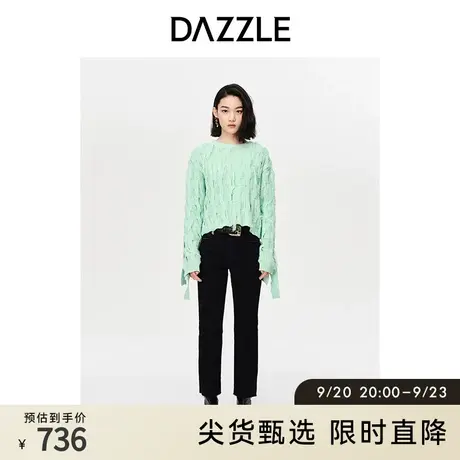 DAZZLE地素 奥莱春季灰蒙绿流苏套头针织衫毛衣女商品大图