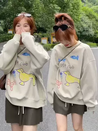 洋气外穿印花慵懒风宽松套头卫衣女百搭秋季新款韩版休闲百搭上衣商品大图