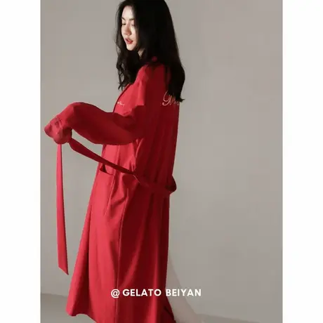 贝妍睡衣女春秋季柔软棉长袖性感睡袍新婚红色本命年女家居服晨袍商品大图