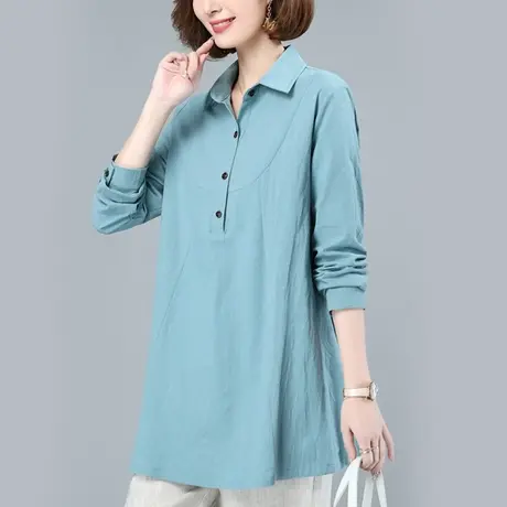 休闲衬衫女长袖春秋加肥加大码女装上衣宽松中长款遮肚子纯棉衬衣商品大图