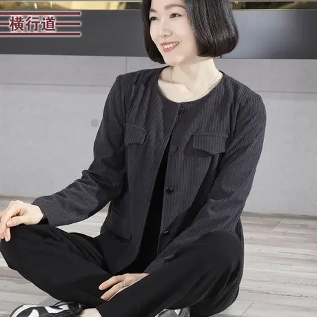 2023新款冬装圆领灯芯绒短款长袖外套女装纯色妈妈大码休闲上衣服商品大图