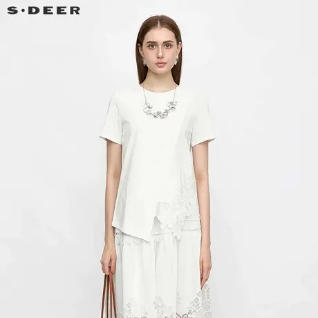 sdeer圣迪奥女装复古圆领绣花不规则短袖T恤S24280111商品大图