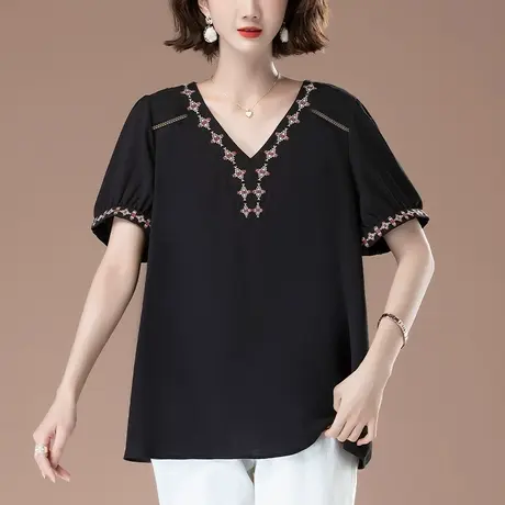 妈妈雪纺衬衫女夏装加肥加大码女装宽松中年休闲遮肚显瘦v领上衣图片