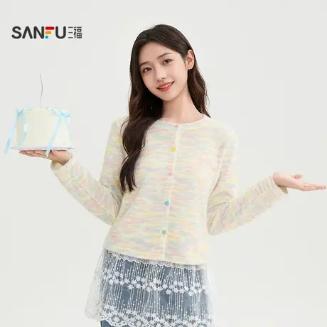 三福长T恤2025秋季甜美爱心纽扣彩虹渐变开衫上衣女装506451商品大图