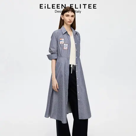朗姿欧洲EiLEEN ELITEE长袖刺绣条纹衬衫连衣裙女2025秋季新款商品大图