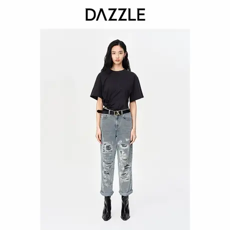 DAZZLE地素奥莱 秋季蓝色小众设计个性假破洞印花休闲牛仔裤女商品大图