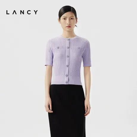 LANCY/朗姿2024夏季紫色醋酸圆领短袖针织衫薄款精致外穿套头衫女商品大图
