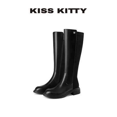 KISSKITTY骑士长筒靴女2025新款超火黑色粗腿厚底圆头高级感靴子商品大图