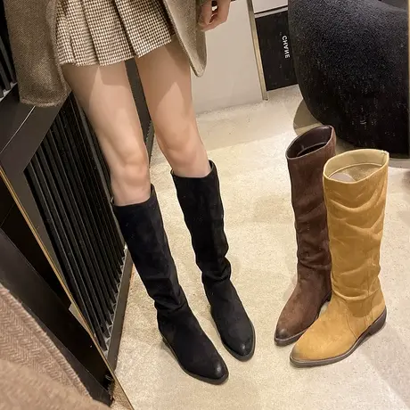 增高粗跟堆堆靴女2025秋季新款时尚百搭洋气骑士靴尖头不过膝长靴商品大图