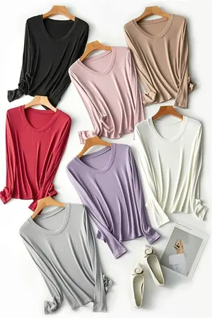 享永子【spa级体感】依翡丝羊毛+桑蚕丝 软糯亲肤圆领打底衫T恤女商品大图