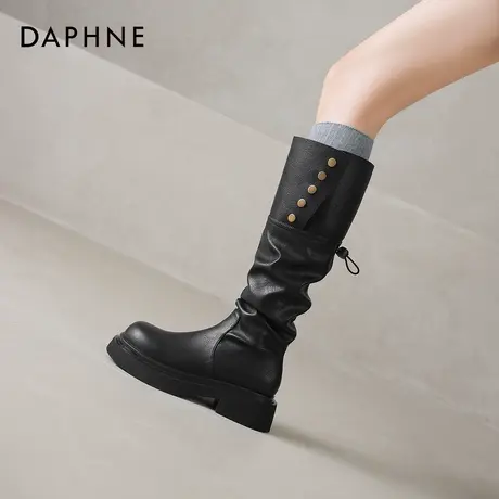 达芙妮黑色厚底长筒靴女2026冬季新款英伦风骑士靴褶皱堆堆靴长靴图片