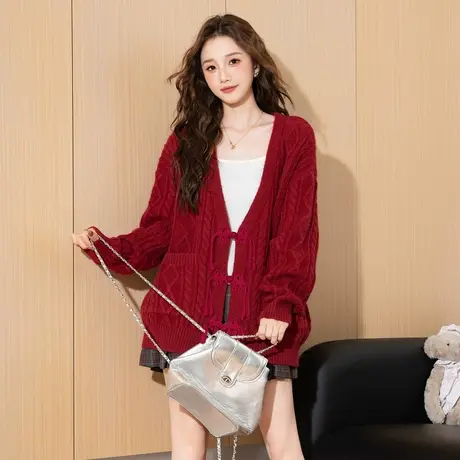 唐狮春季女开衫红色毛衣外套国风新中式宽松V领针织毛线衫TE图片