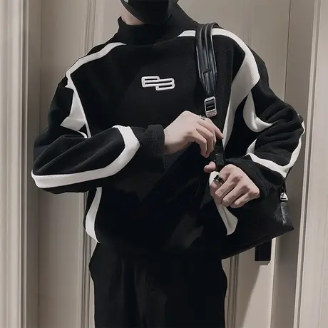 小众撞色个性半高领卫衣秋冬潮牌高级刺绣百搭套头摇粒绒长袖上衣商品大图