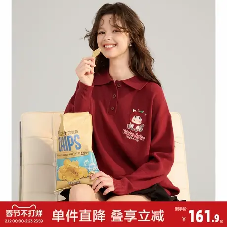 唐狮2026春季新款女polo领马年春节毛衣女新年氛围穿搭红色毛线衫图片