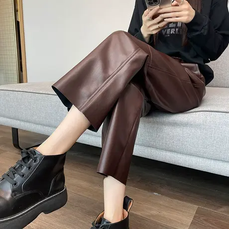 黑色九分拼接pu皮裤女秋冬新款高腰显瘦宽松休闲小个子阔腿直筒裤商品大图