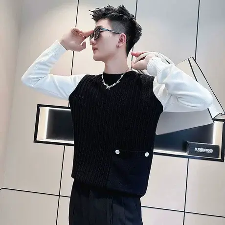 针织衫假两件男秋冬新款潮流简约轻熟风无袖毛衣撞色韩版休闲线衣商品大图