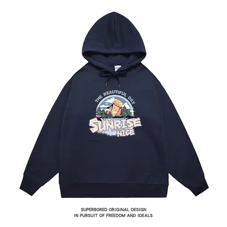 日出山峰印花卫衣男连帽春秋季美式复古潮牌宽松休闲套头帽衫商品大图