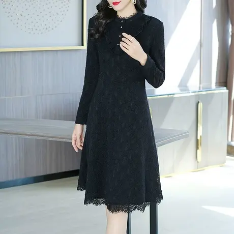 爱朴冬季新款2023加绒胖mm蕾丝连衣裙长袖中长款轻奢高贵打底裙商品大图