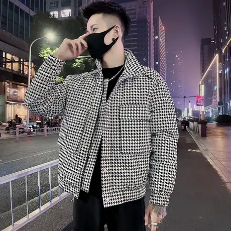 冬季翻领工装棉衣外套男潮牌千鸟格棉袄2022新款男装痞帅加厚棉服图片