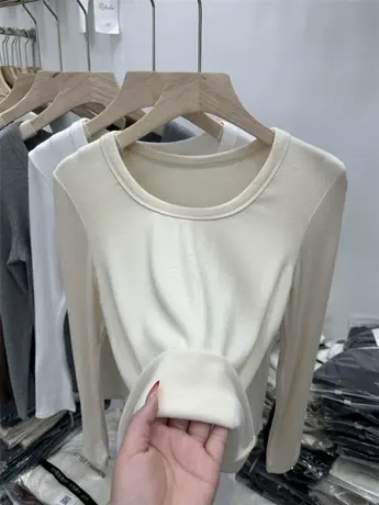 低圆领露锁骨长袖T恤女2023秋冬新款加薄绒内搭打底衫纯欲上衣潮商品大图