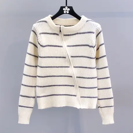 斜拉链设计感条纹毛衣外套女秋冬2023新款内搭小香风打底针织开衫图片