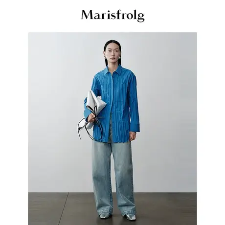 【商场同款】玛丝菲尔2023年冬新款晴空蓝时尚翻领设计感长袖衬衫商品大图