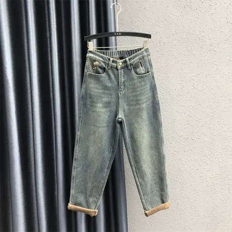 23秋冬新款撞色口袋设计感高腰小众做旧加绒加厚牛仔九分哈伦裤女图片