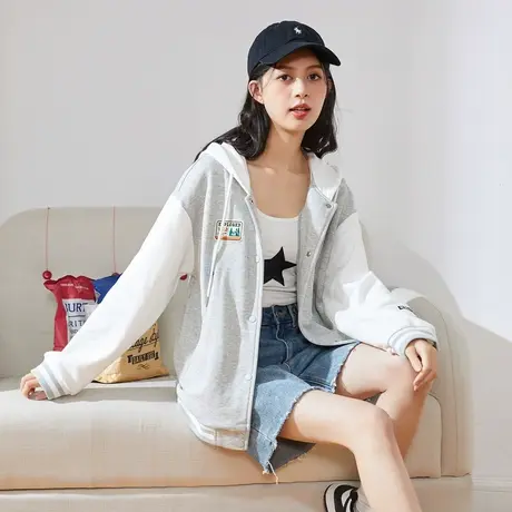 唐狮连帽棒球服女士春秋款撞色拼接薄外套小香风超好看休闲上衣商品大图