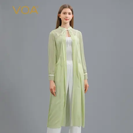 VOA乔其纱桑蚕丝黄绿色白色系带立领下摆开叉设计真丝开衫图片