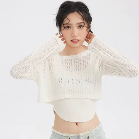 尔给防晒罩衫长袖高腰薄款镂空蕾丝短款针织衫上衣女夏设计感T恤商品大图