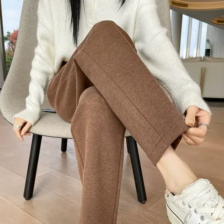 毛呢哈伦裤女冬季加厚高腰显瘦直筒九分小个子宽松休闲羊绒烟管裤商品大图