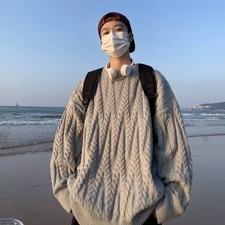 圆领纯色春秋麻花毛衣男2024新款宽松加厚慵懒风针织线衣套头上衣商品大图