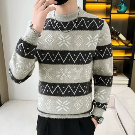 秋冬季半高领毛衣男士套头水貂绒针织衫加绒加厚线衣潮流个性撞色商品大图