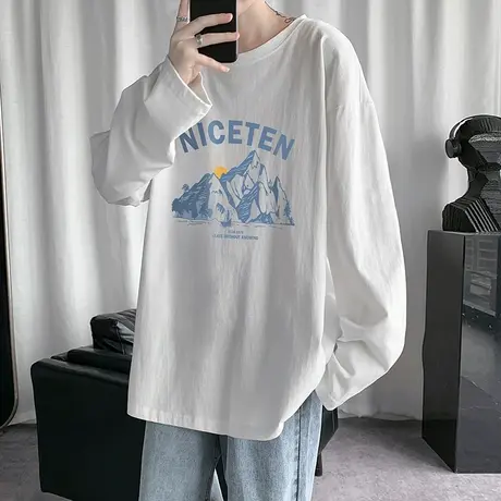 白色棉感男士长袖t恤夏季潮流宽松港风上衣潮牌春秋季内搭打底衫图片