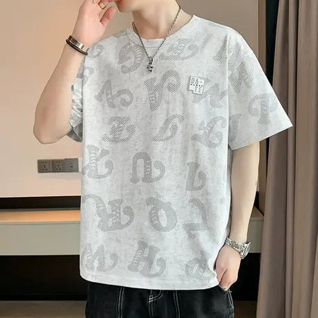 美式潮流字母印花短袖T恤男士夏季冰丝透气体恤衫新款百搭上衣服图片