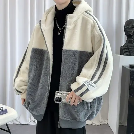 羊羔绒连帽夹克男秋冬季撞色拼接颗粒绒外套男青少年保暖冬装衣服商品大图