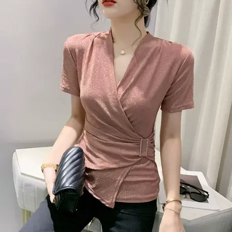 不规则开叉T恤女短袖时尚洋气亮丝小衫性感V领网纱上衣收腰体恤夏商品大图