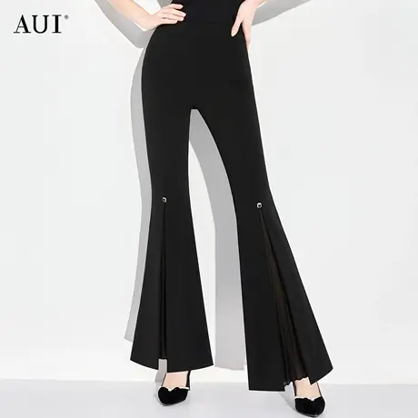 AUI黑色设计感微喇裤女2024夏新款职业通勤气质小众修身西裤长裤图片