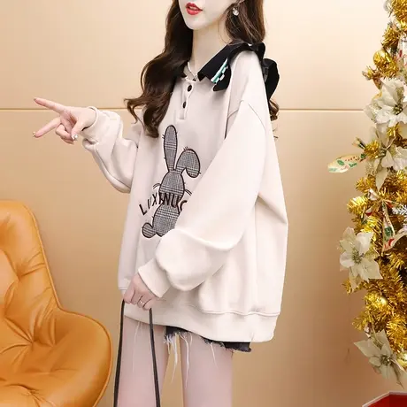 加绒加厚polo领卫衣外套女2024新款早春季洋气减龄宽松设计感上衣商品大图