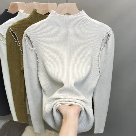 半高领毛衣女打底衫2023秋冬新款套头镂空外穿针织衫钉珠内搭上衣商品大图