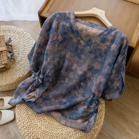 短袖苎麻上衣印花晕染宽松文艺复古别致设计小众棉麻小衫2024新款图片