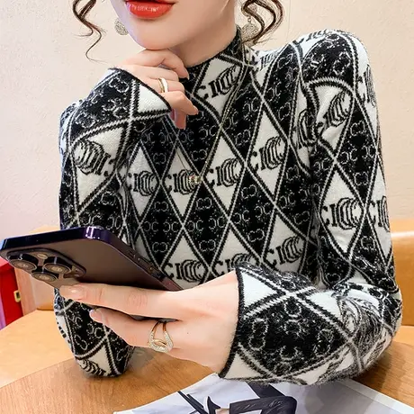 半高领套头毛衣女秋冬内搭保暖加厚一体绒针织打底衫时尚印花上衣商品大图