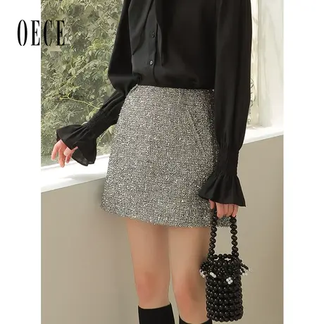 Oece复古优雅半身裙短裙女2024春季新款女装亮丝A字裙图片